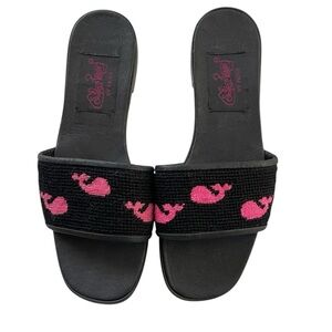 By Paige Needlepoint Whale Slides Size 8 | Black Wool Embroidered Peep Toe